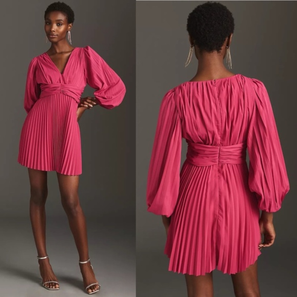 Aureta Pleated Long-Sleeve V-Neck Mini Dress - Raspberry (NWT)